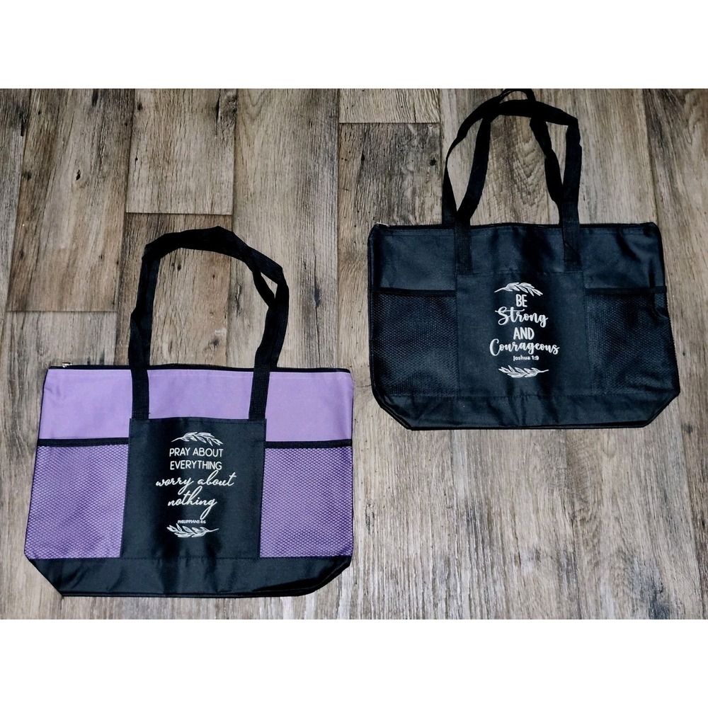 Christian Tote Beach Bag x2 Scripture Bible Verse Shopping Zip Purple Black Gift